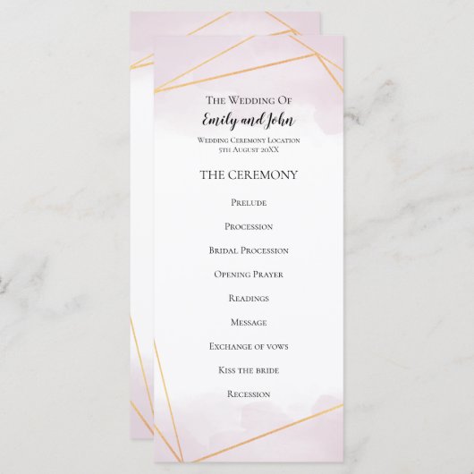 Blush Roze Waterverf Goud Geometrische Lijnen Brui Programmakaart (Voorkant / Achterkant)