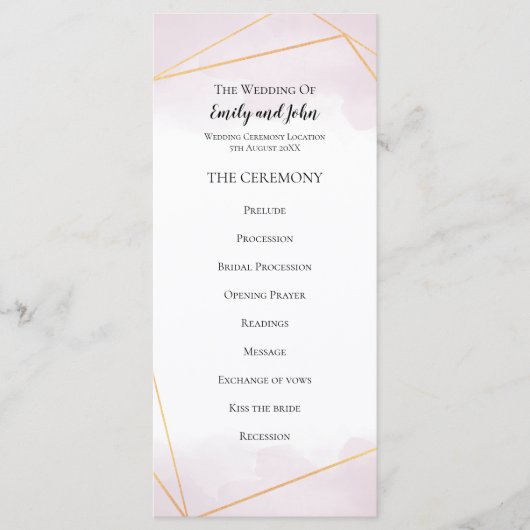Blush Roze Waterverf Goud Geometrische Lijnen Brui Programmakaart (Voorkant)
