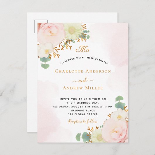 Blush roze waterverf gouden bruiloft briefkaart (Voorkant / Achterkant)