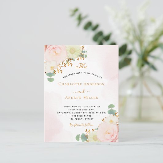 Blush roze waterverf gouden bruiloft briefkaart (Staand voorkant)