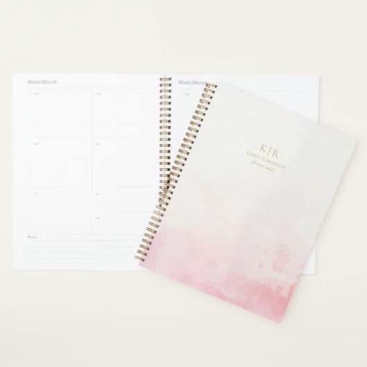 Blush roze waterverf, gouden monogram planner (Display)