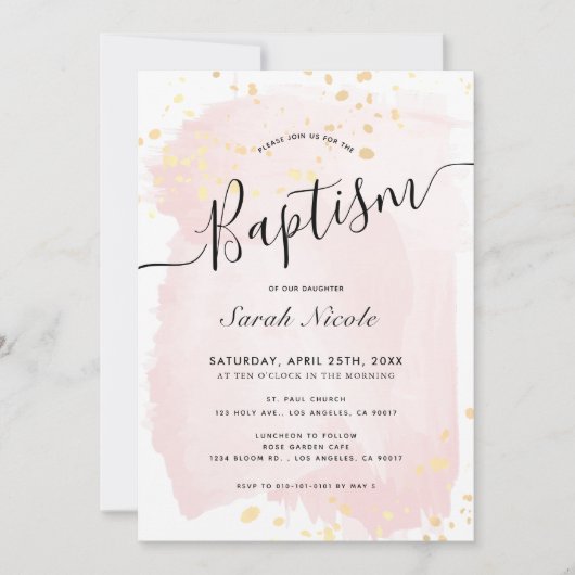 Blush Roze Waterverf Gouden Spletters Meisje Doop Kaart (Voorkant)