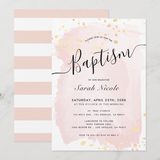 Blush Roze Waterverf Gouden Spletters Meisje Doop Kaart (Voorkant / Achterkant)