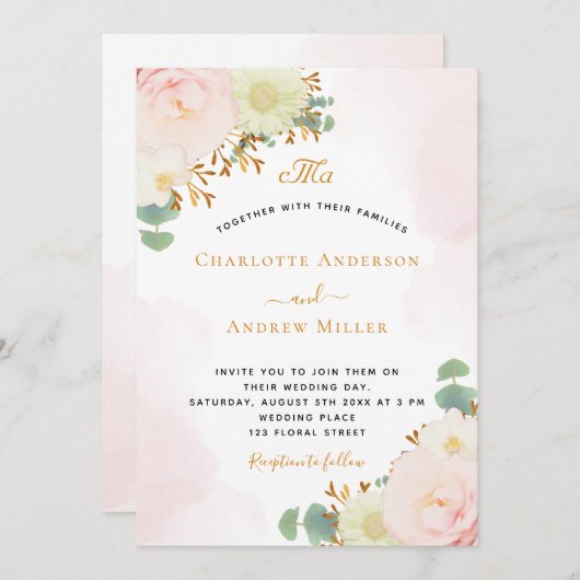 Blush roze waterverf goudmonogram bruiloft (Voorkant / Achterkant)