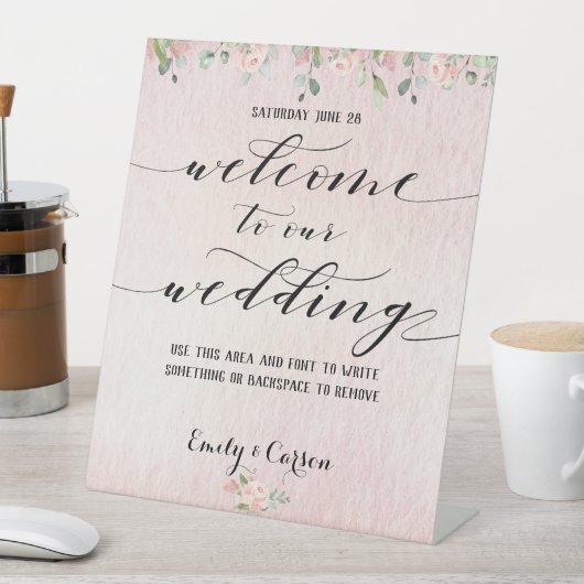 Blush Roze Waterverf Greenery Welkom bruiloft Reclamebord Met Voetstuk (Insitu)
