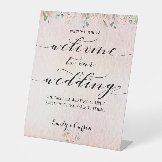 Blush Roze Waterverf Greenery Welkom bruiloft Reclamebord Met Voetstuk (Voorkant)
