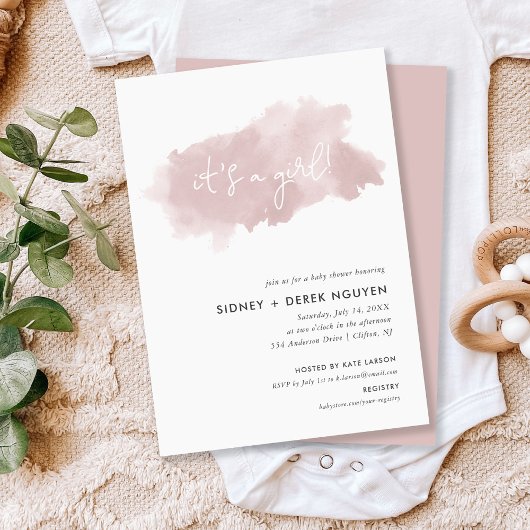 Blush roze Waterverf Het is een meisje Baby shower Kaart