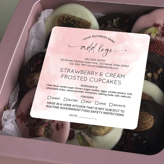 Blush Roze Waterverf Home Bakkerij Voedsel Ingredi Vierkante Sticker