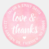 Blush Roze Waterverf Liefde & Bedankt Retouradres Ronde Sticker (Voorkant)