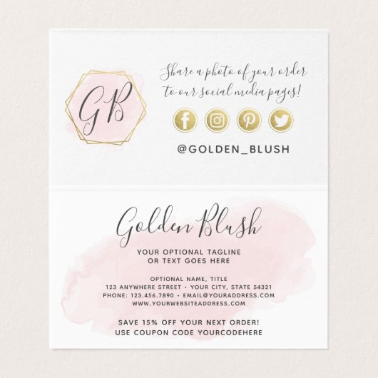 Blush roze Waterverf Moderne Gold Hartelijk dank Kaart (Binnenkant ongevouwen)