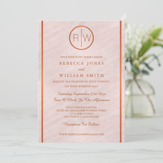Blush Roze Waterverf Monogram Bruiloft 5 x 7 Kaart (Staand voorkant)