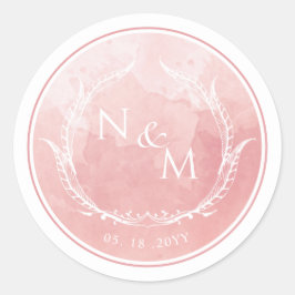 Blush roze Waterverf monogram envelop Ronde Sticker