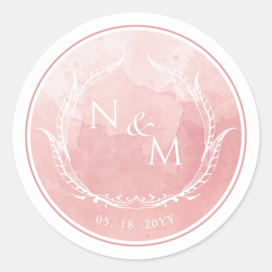 Blush roze Waterverf monogram envelop Ronde Sticker (Voorkant)