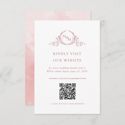 Blush Roze Waterverf Monogram QR Code/RSVP Online Informatiekaartje (Voorkant / Achterkant)