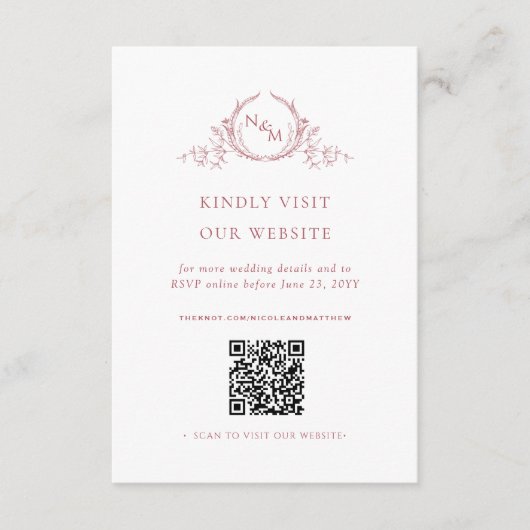Blush Roze Waterverf Monogram QR Code/RSVP Online Informatiekaartje (Voorkant)