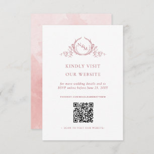 Blush Roze Waterverf Monogram QR Code/RSVP Online Informatiekaartje