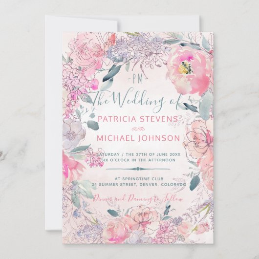 Blush roze waterverf monogrammed tuin bruiloft kaart (Voorkant)