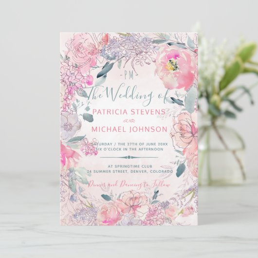 Blush roze waterverf monogrammed tuin bruiloft kaart (Staand voorkant)