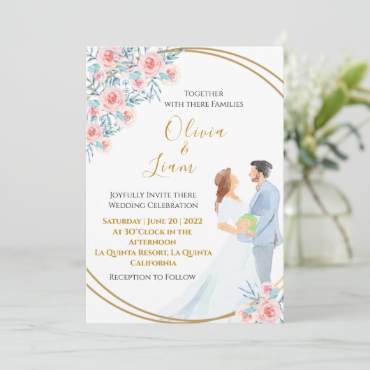 Blush roze Waterverf paar en Rozen bruiloft Kaart (Staand voorkant)