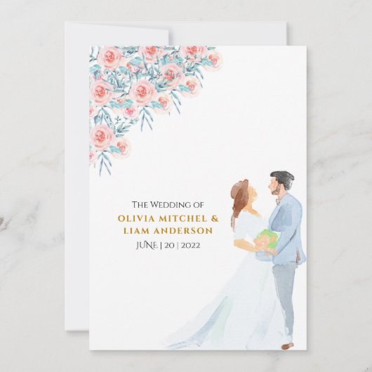 Blush roze Waterverf paar en Rozen bruiloft Kaart (Achterkant)