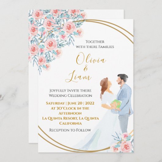 Blush roze Waterverf paar en Rozen bruiloft Kaart (Voorkant / Achterkant)