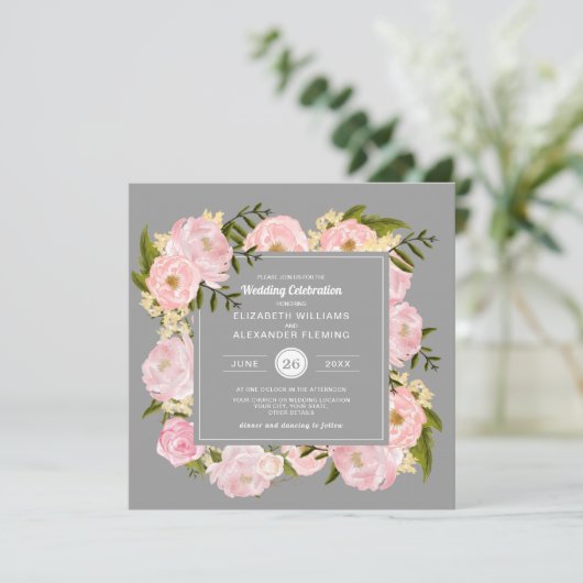 Blush roze Waterverf Peonies Gray Weddenschap Kaart (Staand voorkant)