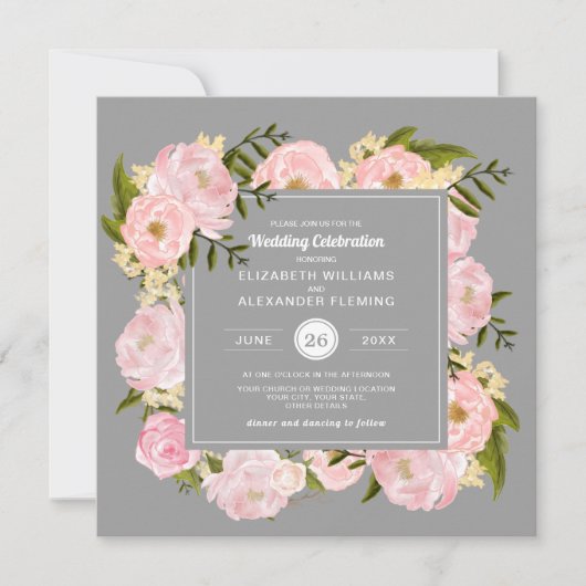 Blush roze Waterverf Peonies Gray Weddenschap Kaart (Voorkant)