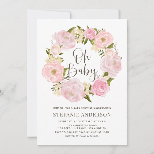 Blush Roze Waterverf Pioen Krans Baby shower Kaart (Voorkant)