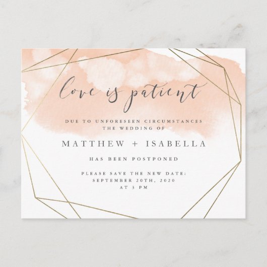 Blush roze Waterverf Postponement Love is Patiënt. Uitnodiging Briefkaart (Voorkant)