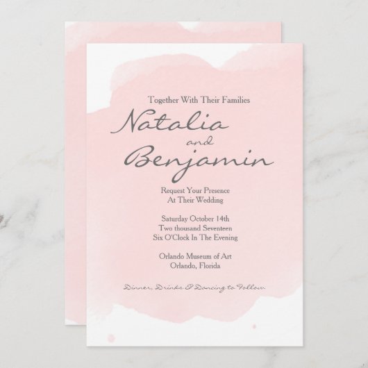 Blush Roze Waterverf Romantische bruiloft uitnodig Kaart (Voorkant / Achterkant)