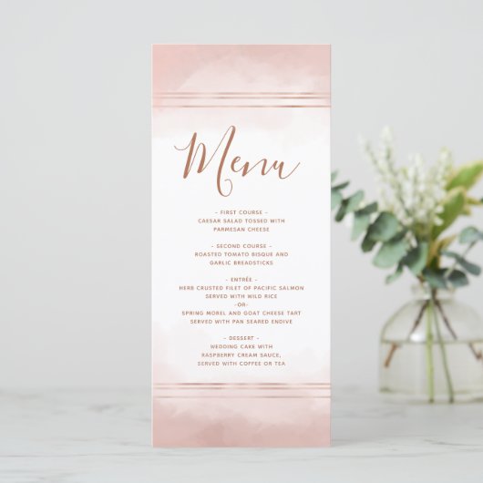 Blush Roze Waterverf Roos Goud Lijst Bruiloft Menu (Staand voorkant)