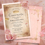 Blush Roze Waterverf Roos Gouden Quinceanera Kaart<br><div class="desc">Elegante blush roze roségouden quinceanera-uitnodigingen die kunnen worden gepersonaliseerd voor uw lieve 15/16 verjaardagsfeestje op een doe-het-zelf gemakkelijke sjabloon! Het sprookjesontwerp toont roze en gouden vlinder confetti en waterverf rozen geïllustreerd door de kunstenares Raphaela Wilson. De luxe gescrolde jurk kleedt rand en perkament papier creëer een unieke, mooie koninklijke prinses...</div>