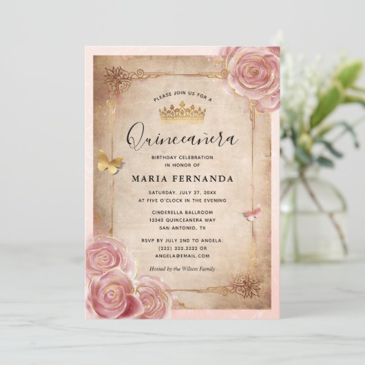 Blush Roze Waterverf Roos Gouden Quinceanera Kaart (Staand voorkant)