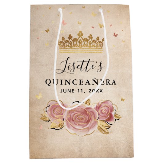 Blush Roze Waterverf Roos Gouden Quinceanera Medium Cadeauzakje (Voorkant)