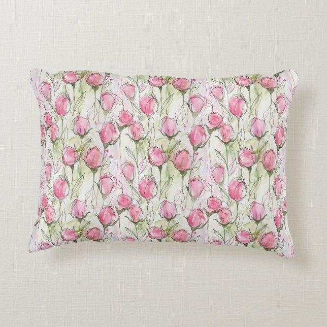 Blush Roze Waterverf Rosebuds Accent Kussen (Achterkant)