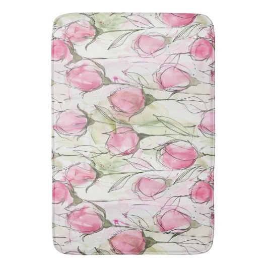 Blush Roze Waterverf Rosebuds Badmat (Voorkant Verticaal)