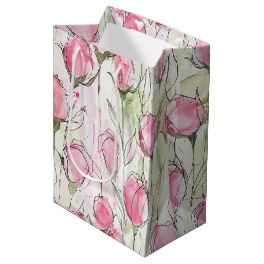 Blush Roze Waterverf Rosebuds Medium Cadeauzakje (Voorkant Gekanteld)
