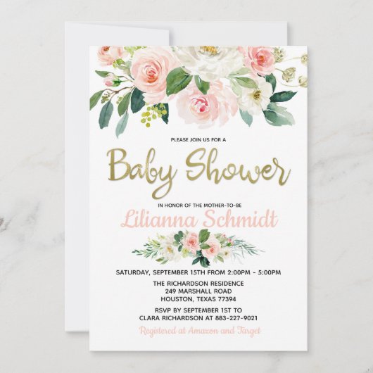 Blush Roze Waterverf Rozen Baby shower Uitnodiging (Voorkant)