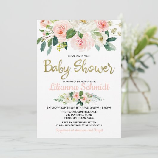 Blush Roze Waterverf Rozen Baby shower Uitnodiging (Staand voorkant)