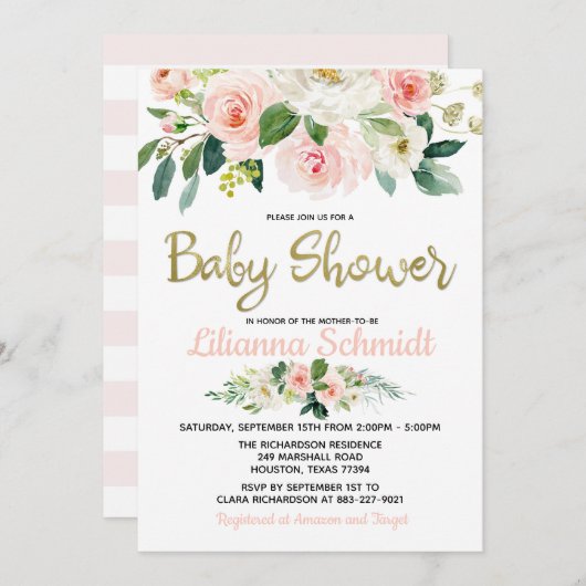 Blush Roze Waterverf Rozen Baby shower Uitnodiging (Voorkant / Achterkant)