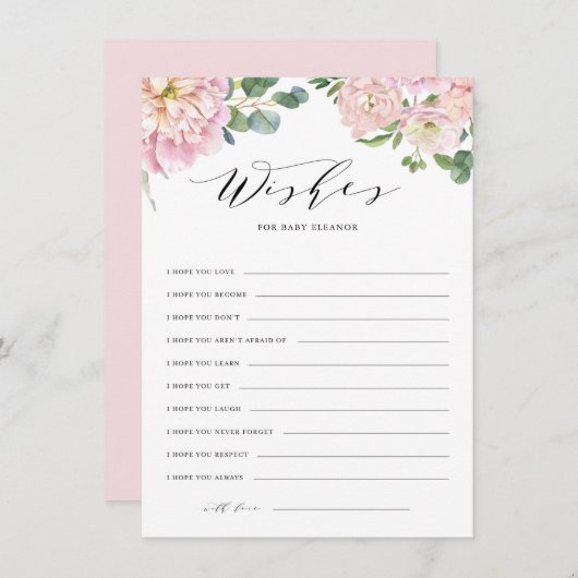 Blush Roze Waterverf Rozen Baby shower Vernissen Informatiekaartje (Voorkant / Achterkant)