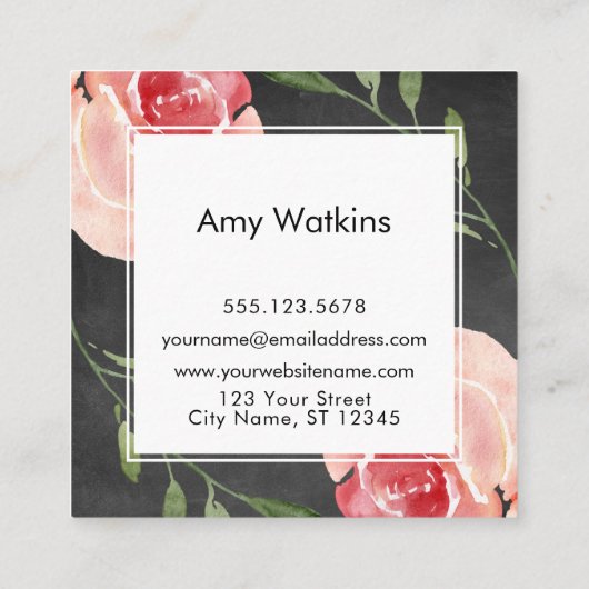 Blush Roze Waterverf Rozen Chalkboard Achtergrond Vierkante Visitekaartje (Achterkant)