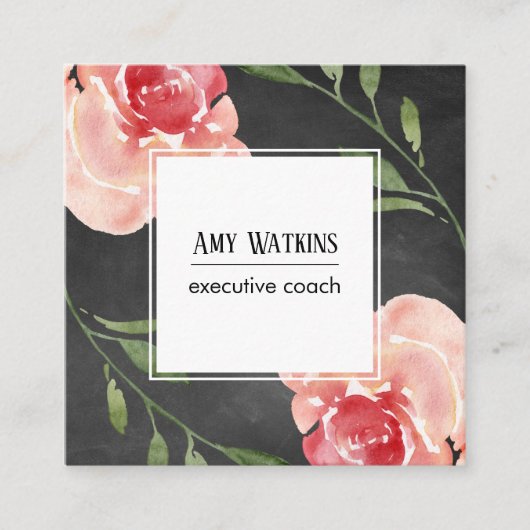 Blush Roze Waterverf Rozen Chalkboard Achtergrond Vierkante Visitekaartje (Voorkant)