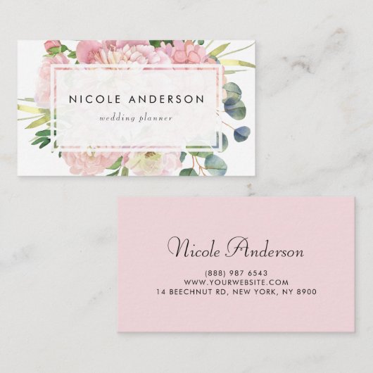 Blush Roze Waterverf Rozen en hydrangeas Visitekaartje (Voorkant / Achterkant)