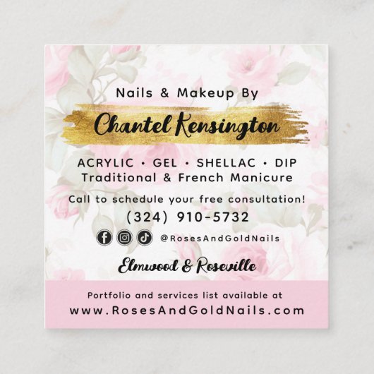 Blush Roze Waterverf Rozen & Goud Shabby Chic Vierkante Visitekaartje (Achterkant)