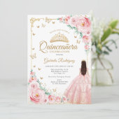 Blush Roze Waterverf Rozen Gouden Quinceanera Kaart (Staand voorkant)