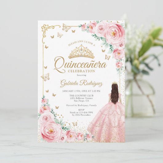 Blush Roze Waterverf Rozen Gouden Quinceanera Kaart (Staand voorkant)