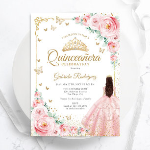 Blush Roze Waterverf Rozen Gouden Quinceanera Kaart