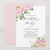 Blush Roze Waterverf Rozen & hydrangeas Birthday Kaart (Voorkant / Achterkant)