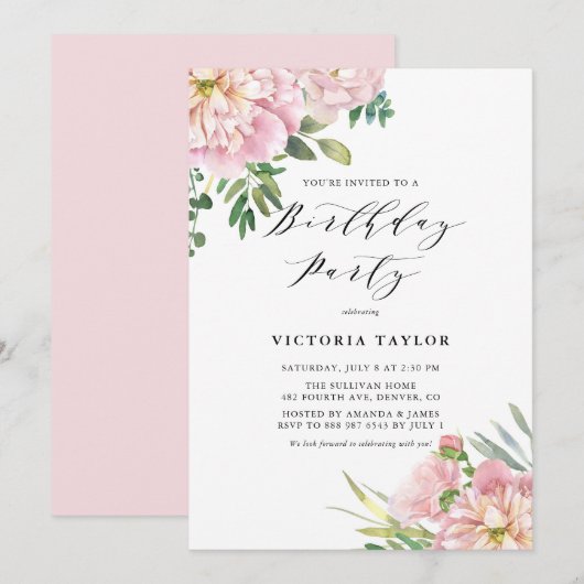 Blush Roze Waterverf Rozen & hydrangeas Birthday Kaart (Voorkant / Achterkant)